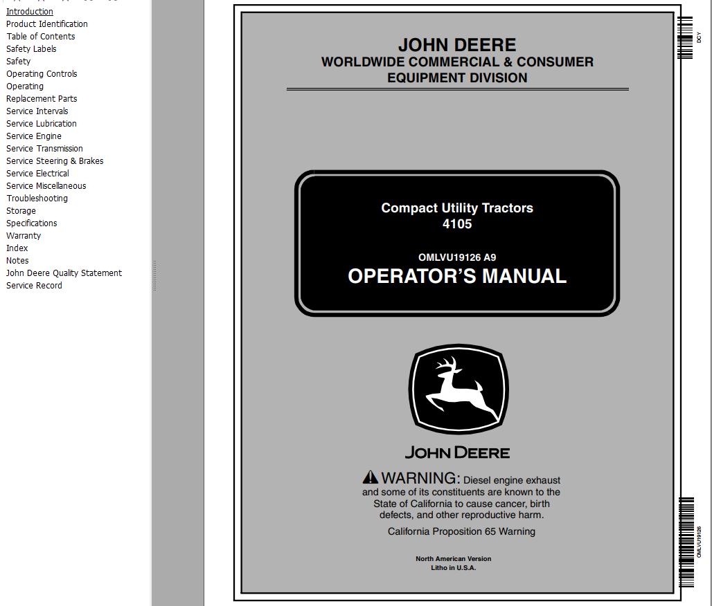 John Deere Compact Utility Tractor 4105 Operators Manual