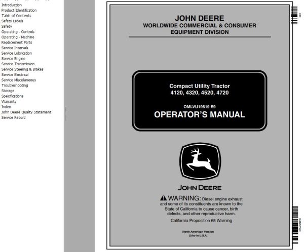 John Deere Compact Utility Tractor 4120 4320 4520 4720 Operators Manual