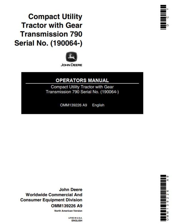 John Deere Compact Utility Tractor with Gear Transmission 790 Operators Manual EN ES