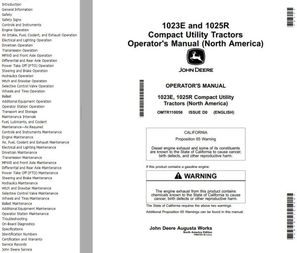 John Deere Compact Utility Tractors 1023E 1025R Operators Manual