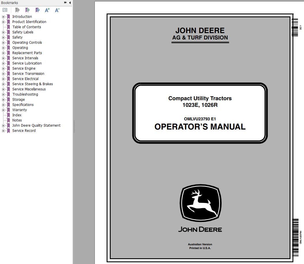John Deere Compact Utility Tractors 1023E 1026R Operators Manual