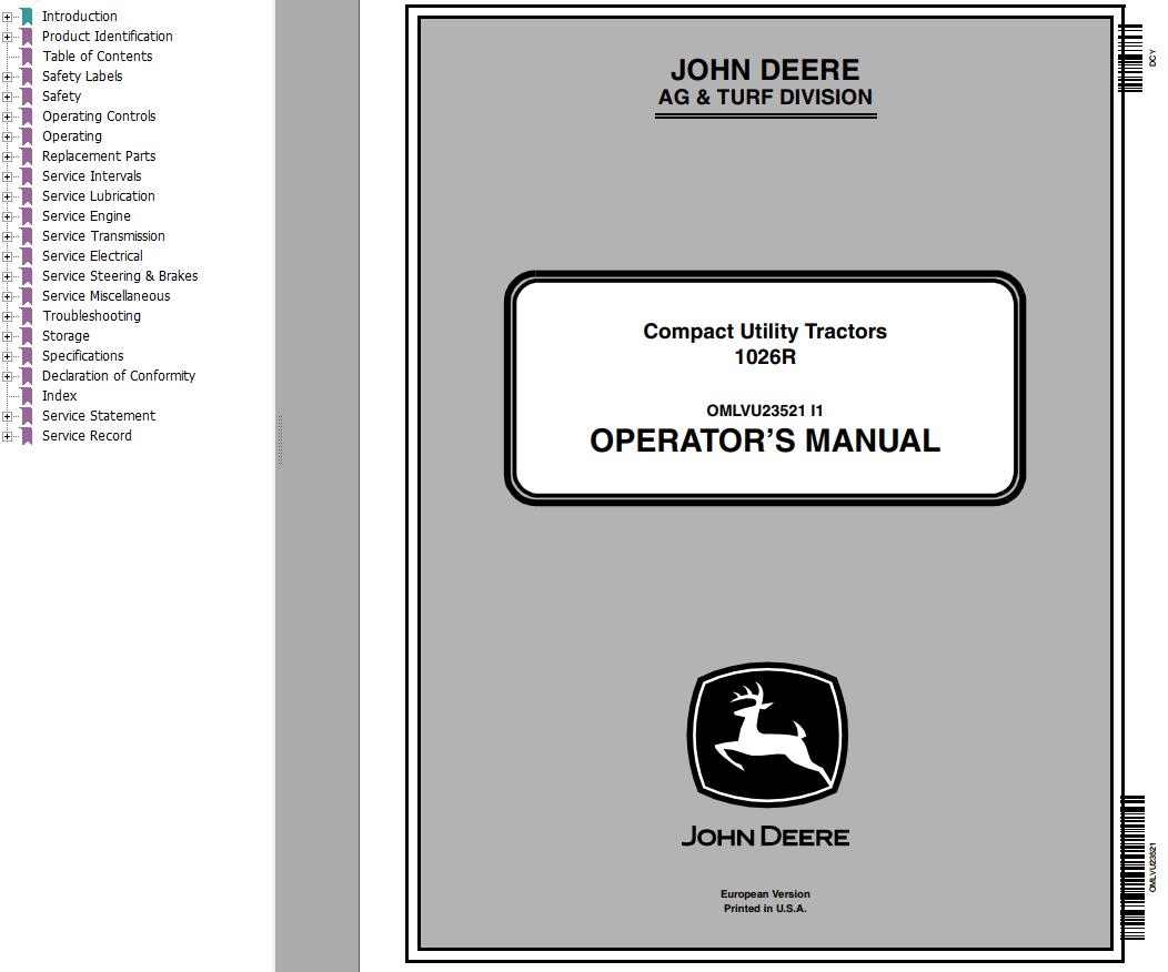 John Deere Compact Utility Tractors 1026R Operators Manual