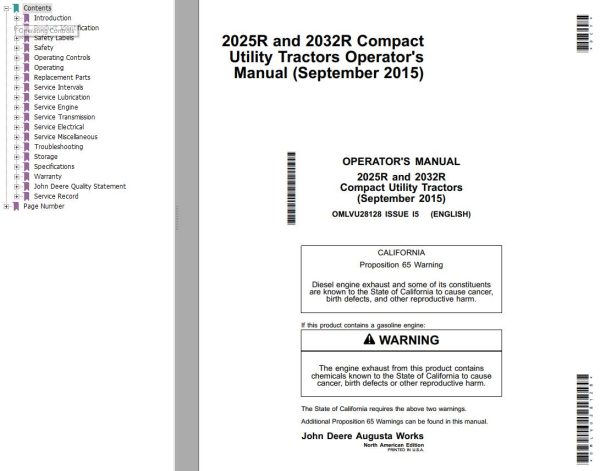 John Deere Compact Utility Tractors 2025R 2032R Operators Manual