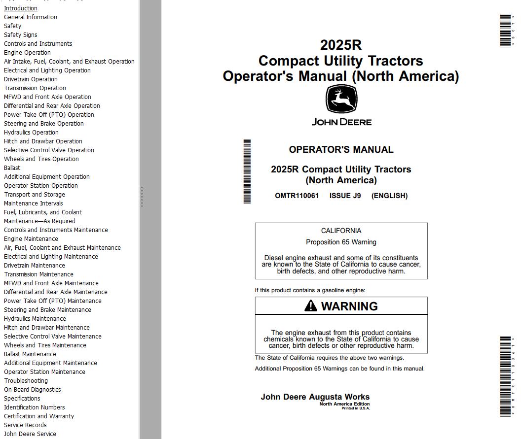 John Deere Compact Utility Tractors 2025R Operators Manual