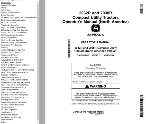 John Deere Compact Utility Tractors 2032R 2038R Operators Manual