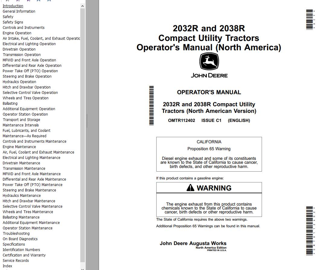 John Deere Compact Utility Tractors 2032R 2038R Operators Manual