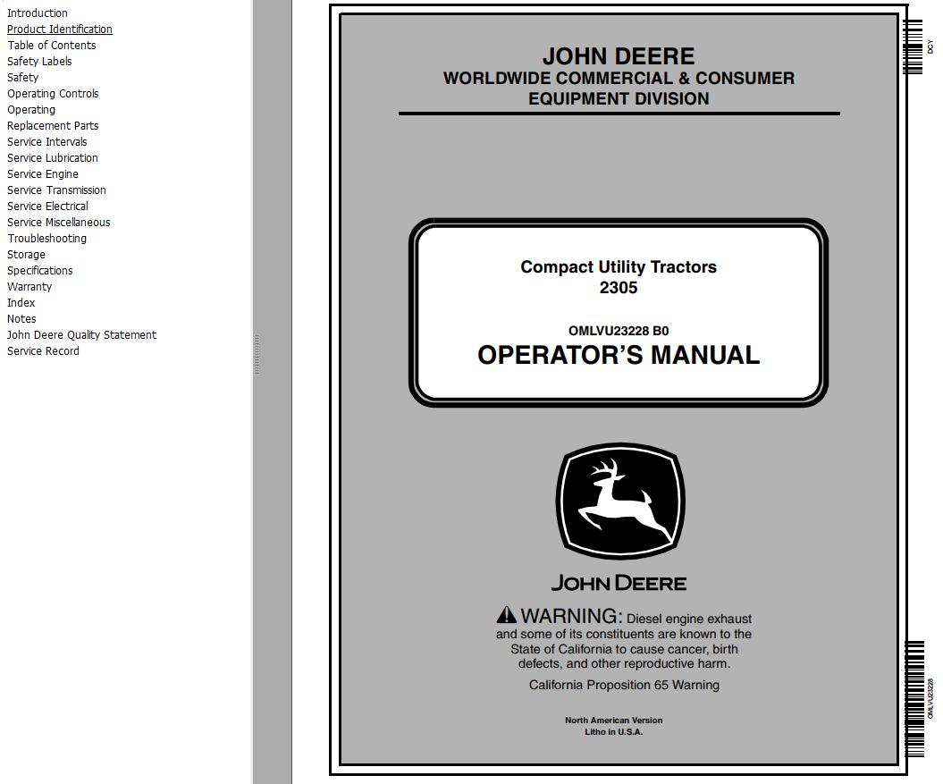 John Deere Compact Utility Tractors 2305 Operators Manual