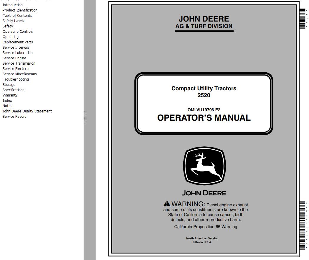 John Deere Compact Utility Tractors 2520 Operators Manual