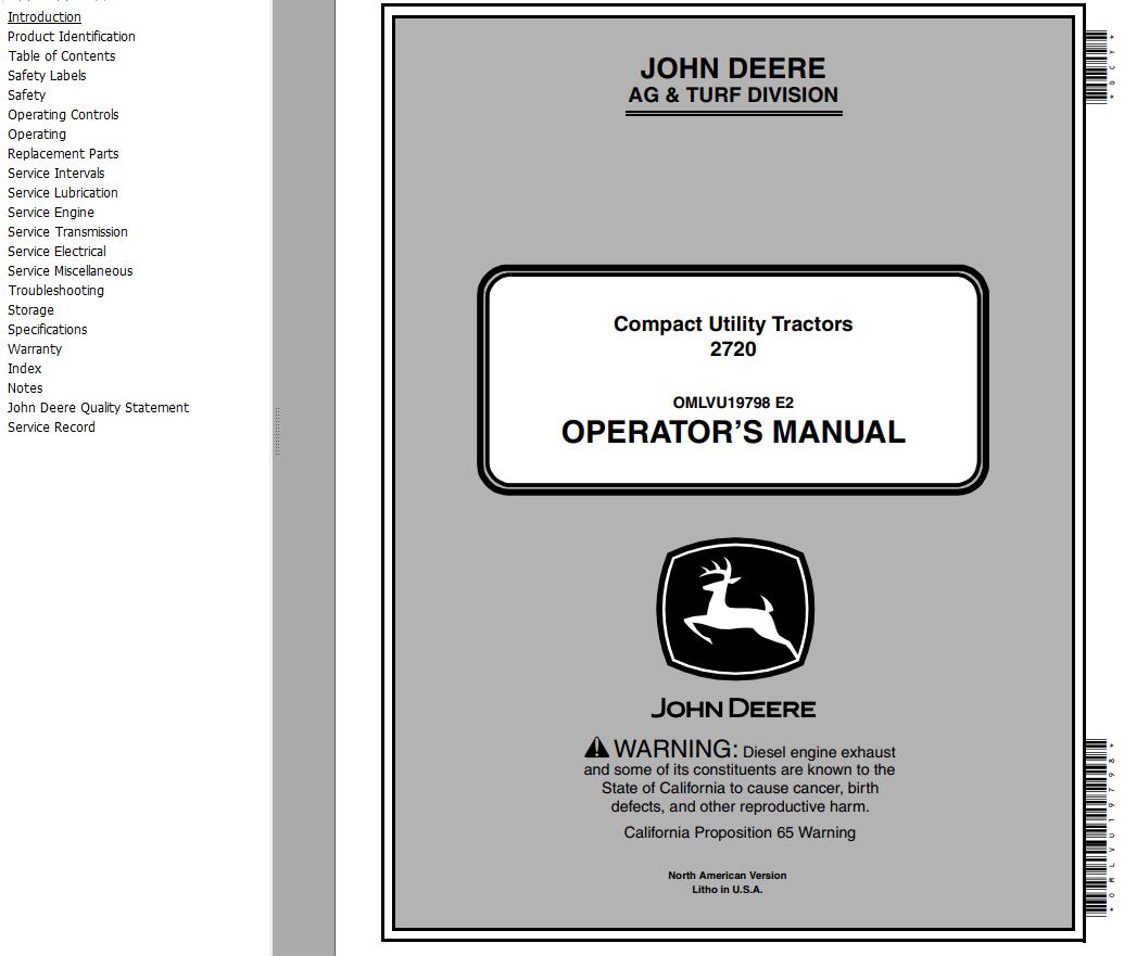 John Deere Compact Utility Tractors 2720 Operators Manual