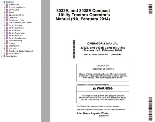 John Deere Compact Utility Tractors 3032E 3038E Operators Manual 1