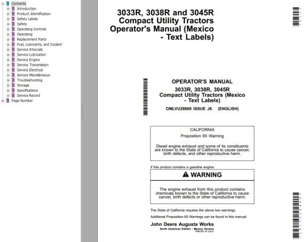 John Deere Compact Utility Tractors 3033R 3038R 3045R Operators Manual