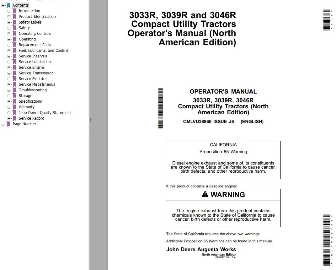 John Deere Compact Utility Tractors 3033R 3039R 3046R Operators Manual