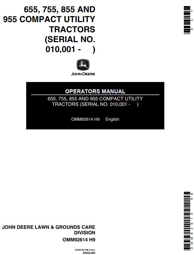 John Deere Compact Utility Tractors 655 755 855 955 Operators Manual