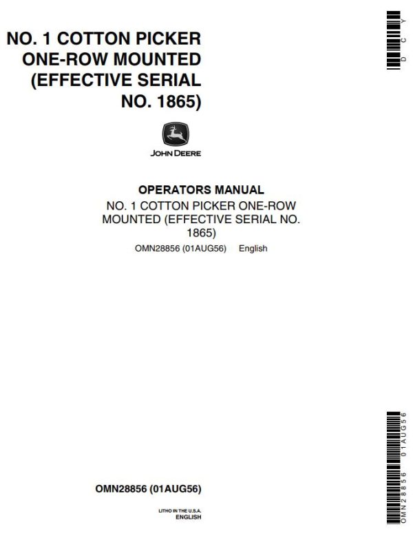 John Deere Cotton Picker One Row Mounted No.1 Operators Manual