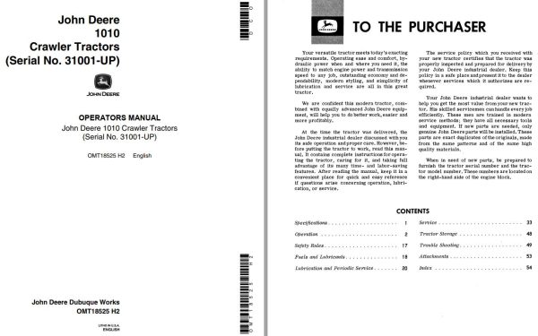 John Deere Crawler Tractors 1010 Operators Manual