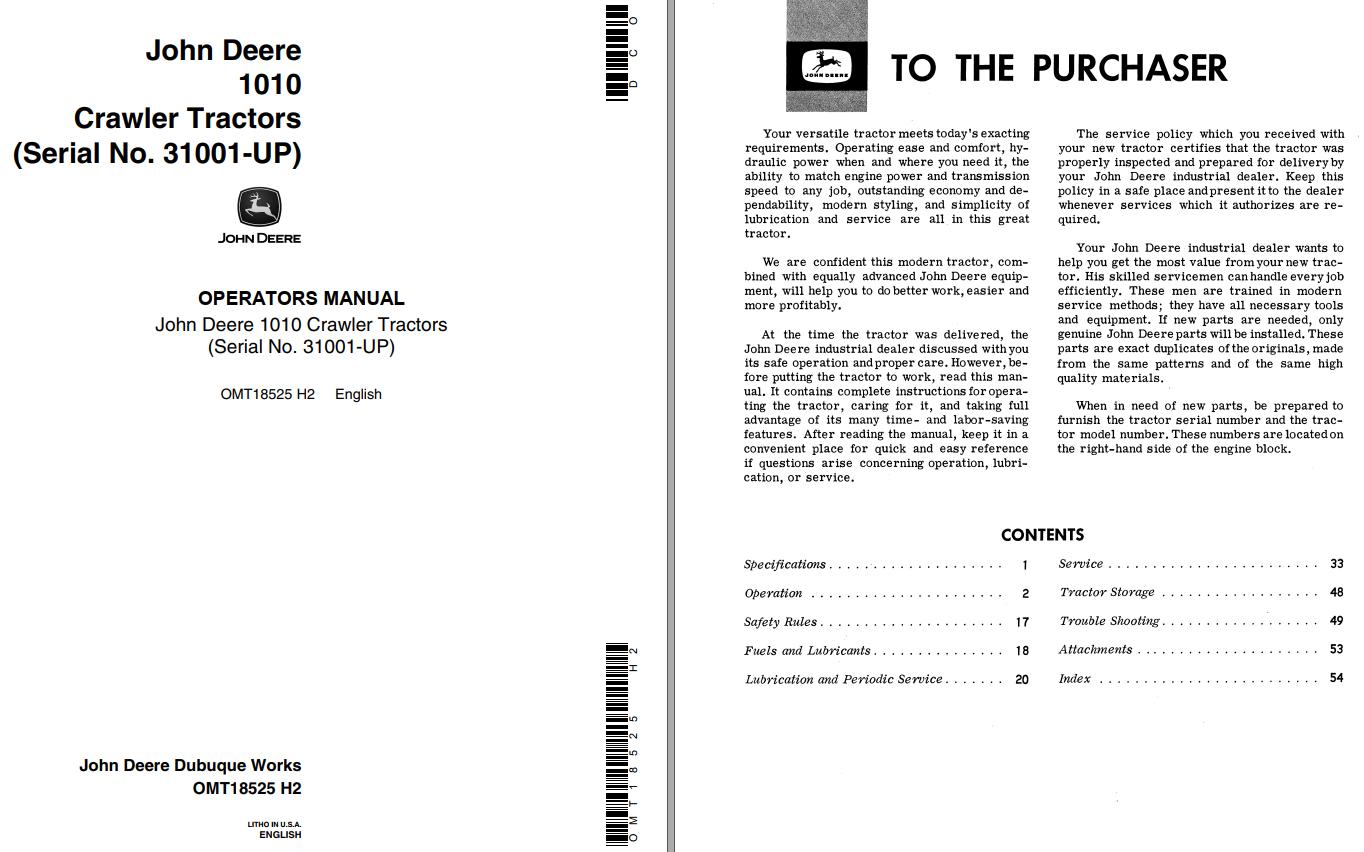 John Deere Crawler Tractors 1010 Operators Manual EN ES