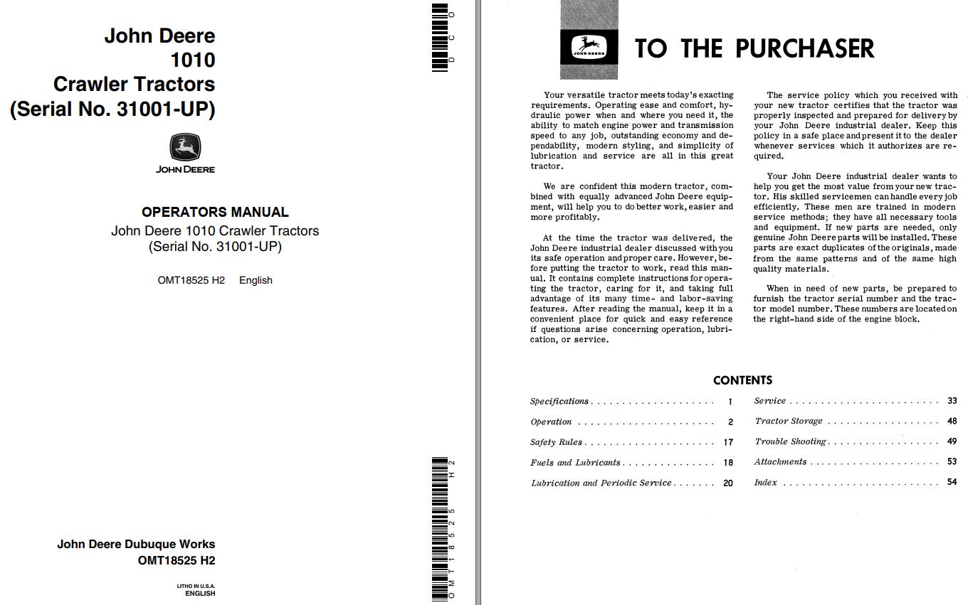 John Deere Crawler Tractors 1010 Operators Manual