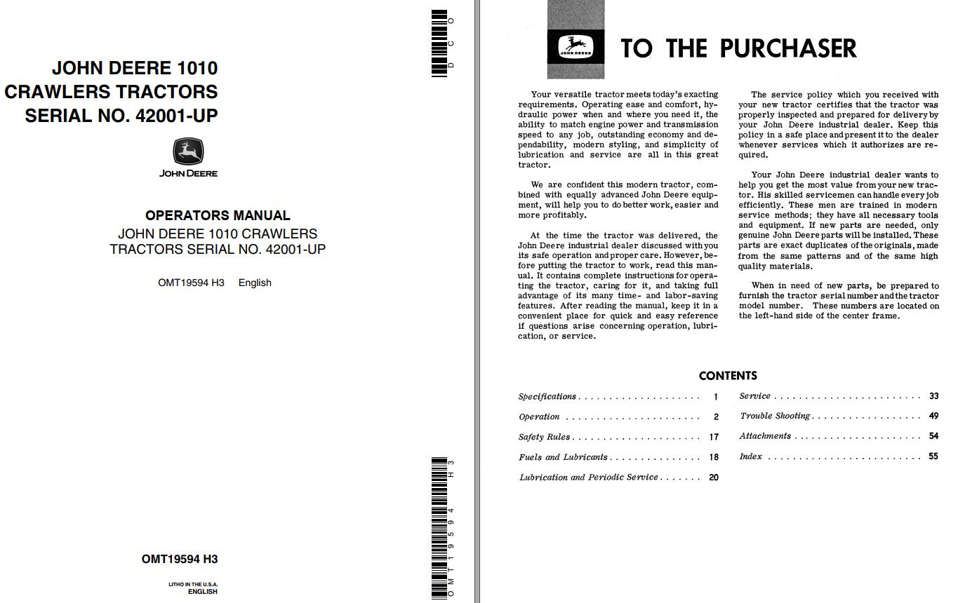 John Deere Crawlers Tractors 1010 Operators Manual EN ES