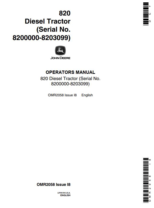 John Deere Diesel Tractor 820 Operators Manual