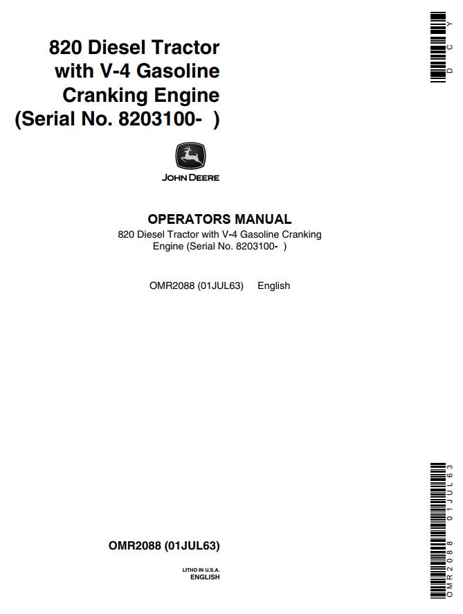 John Deere Diesel Tractor with V 4 Cranking Engine 820 Operators Manual