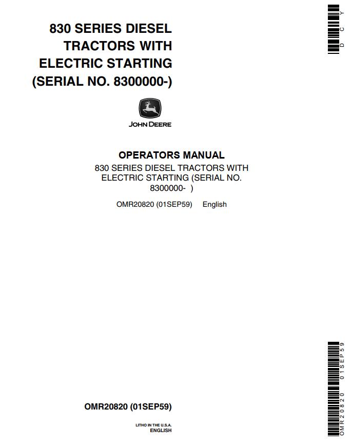 John Deere Diesel Tractors with Electric Starting 830 Series Operators Manual