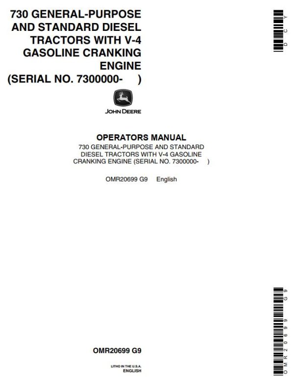 John Deere Diesel Tractors with V 4 Gasoline Cranking 730 Operators Manual