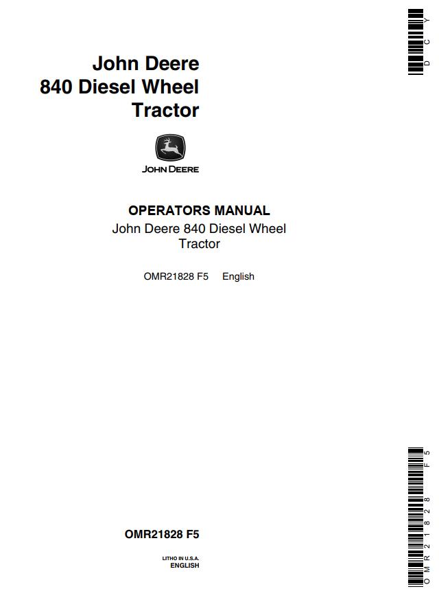 John Deere Diesel Wheel Tractor 840 Operators Manual