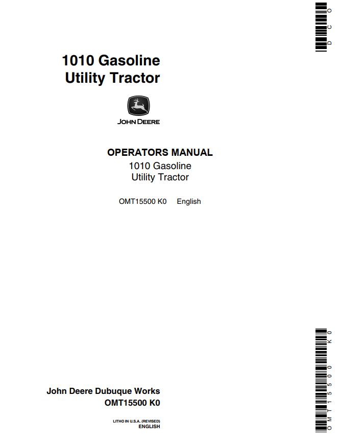 John Deere Gasoline Utility Tractor 1010 Operators Manual