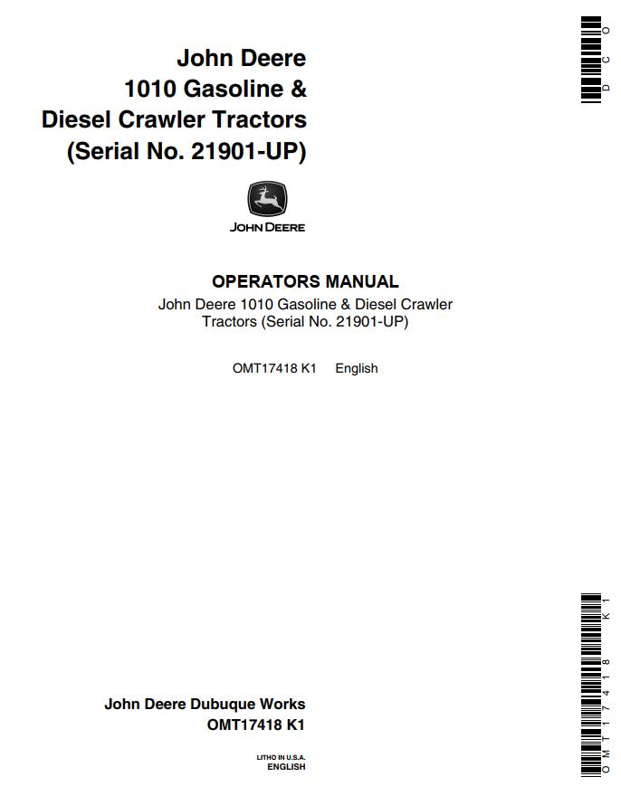 John Deere Gasoline and Diesel Crawler Tractor 110 Operators Manual