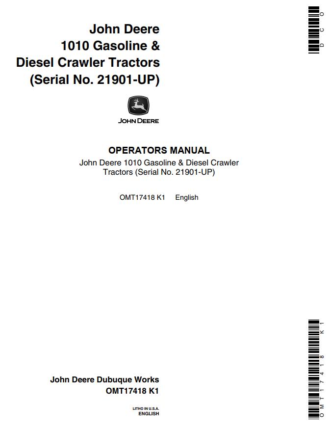 John Deere Gasoline and Diesel Crawler Tractors 1010 Operators Manual