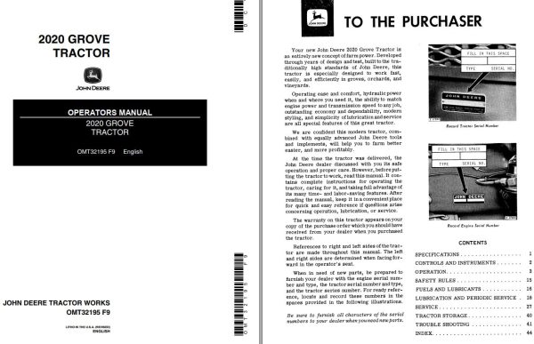 John Deere Grove Tractor 2020 Operators Manual