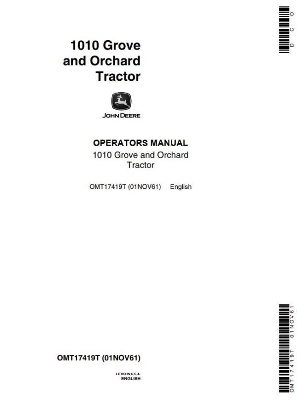 John Deere Grove and Orchard Tractor 1010 Operators Manual