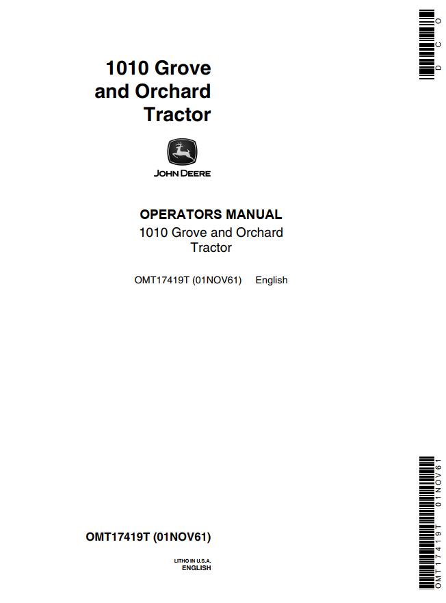John Deere Grove and Orchard Tractor 1010 Operators Manual