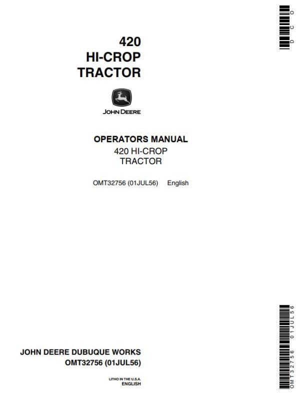 John Deere Hi Crop Tractor 420 Operators Manual