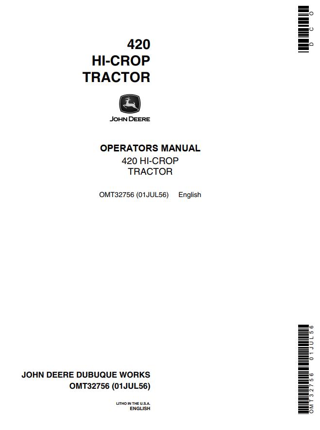 John Deere Hi Crop Tractor 420 Operators Manual