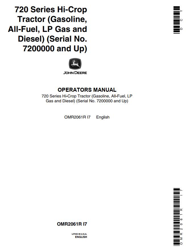 John Deere Hi Crop Tractor 720 Series Operators Manual