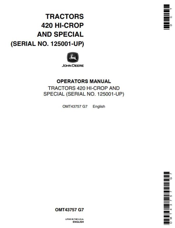 John Deere Hi Crop and Special Tractors 420 Operators Manual