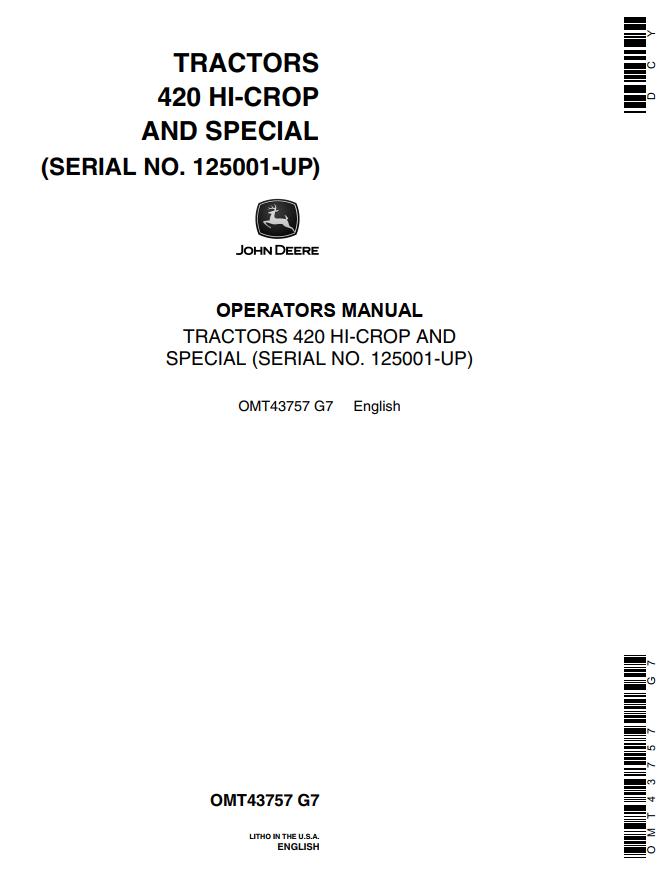 John Deere Hi Crop and Special Tractors 420 Operators Manual