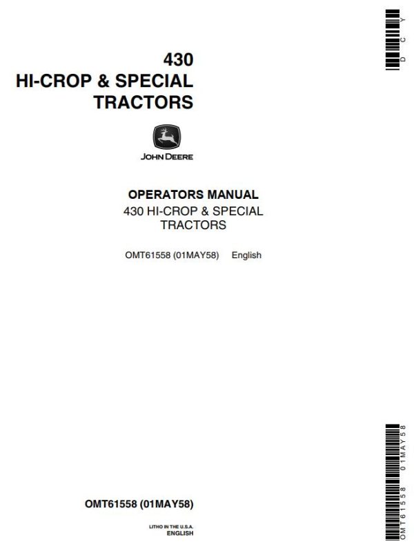 John Deere Hi Crop and Special Tractors 430 Operators Manual