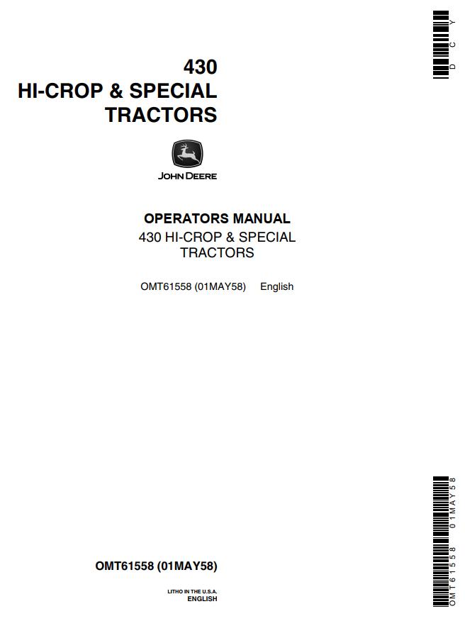 John Deere Hi Crop and Special Tractors 430 Operators Manual