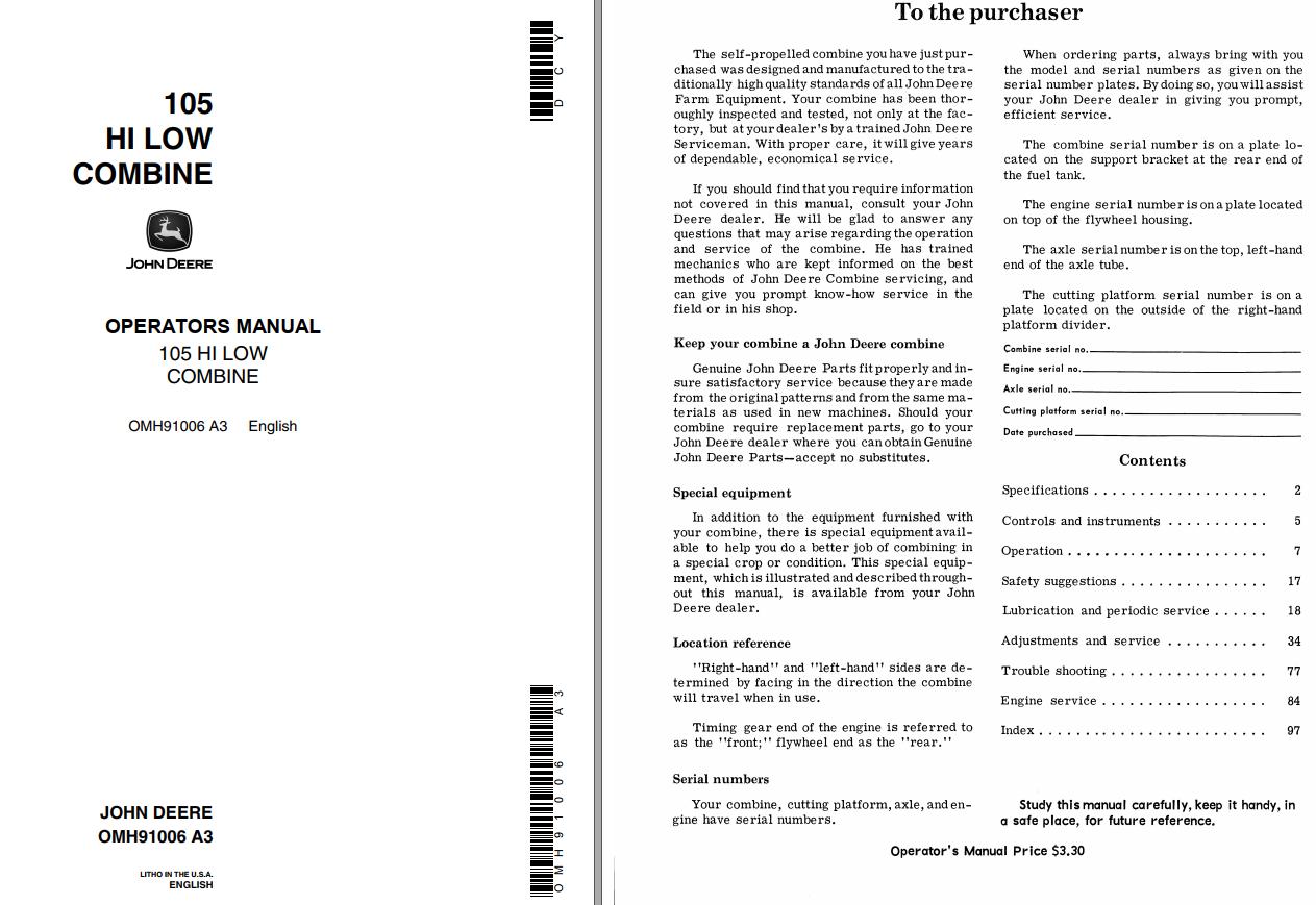 John Deere Hi Low Combine 105 Operators Manual