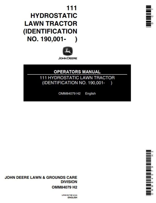 John Deere Hydrostatic Lawn Tractor 111 Operators Manual 1