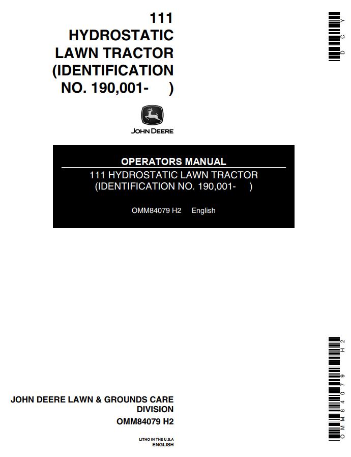 John Deere Hydrostatic Lawn Tractor 111 Operators Manual 1