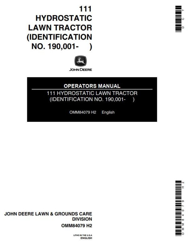 John Deere Hydrostatic Lawn Tractor 111 Operators Manual