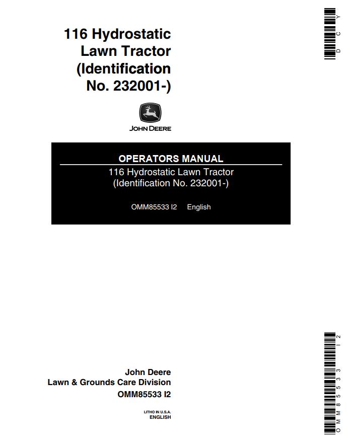 John Deere Hydrostatic Lawn Tractor 116 Operators Manual 1