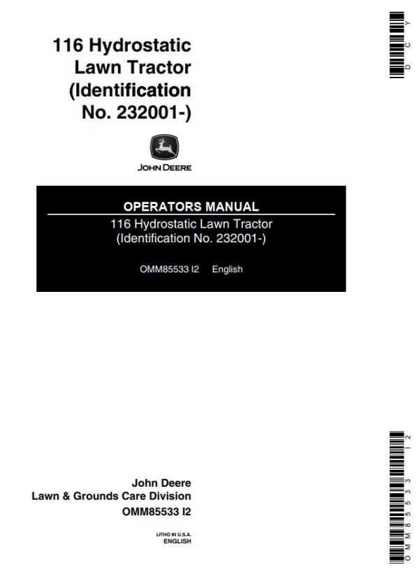 John Deere Hydrostatic Lawn Tractor 116 Operators Manual