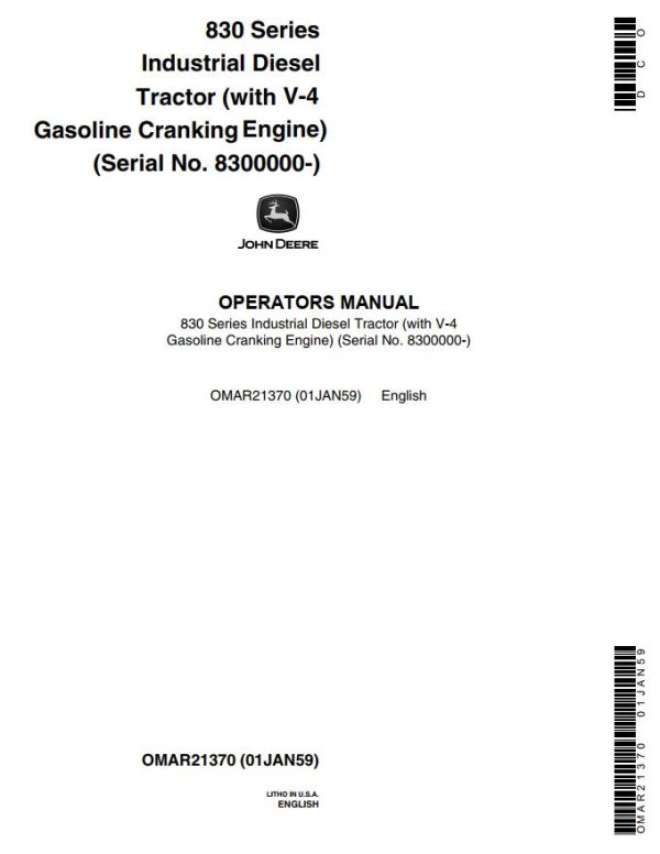 John Deere Industrial Diesel Tractor 830 Series Operator Manual