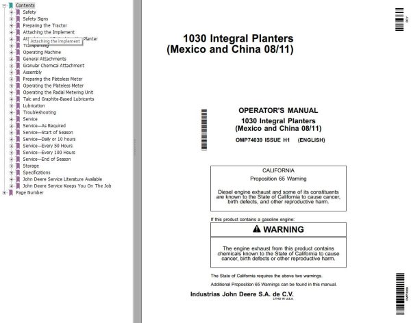 John Deere Integral Planters 1030 Operators Manual