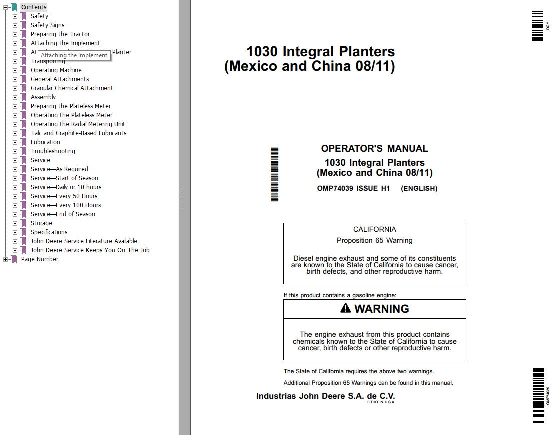 John Deere Integral Planters 1030 Operators Manual