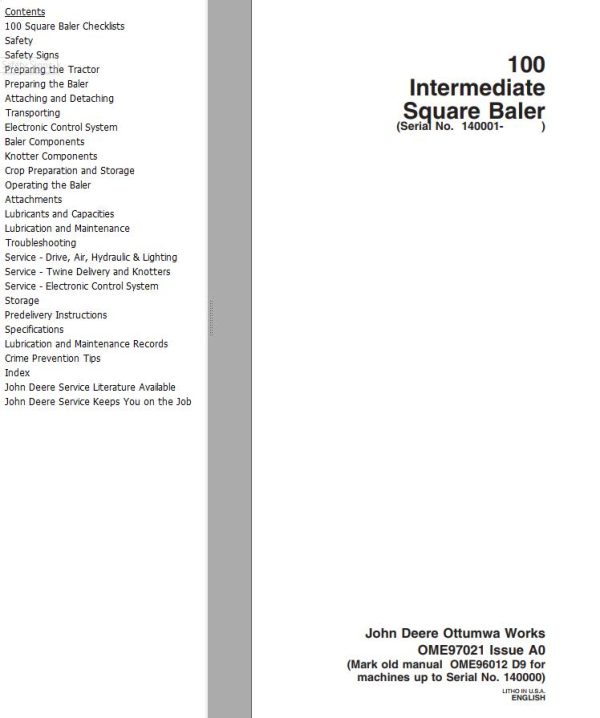 John Deere Intermediate Square Baler 100 Operator Manual